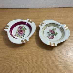 Vintage Ashtray Rose Floral Pattern Pink & Yellow w Gold Trim Lot of 2 Porcelain